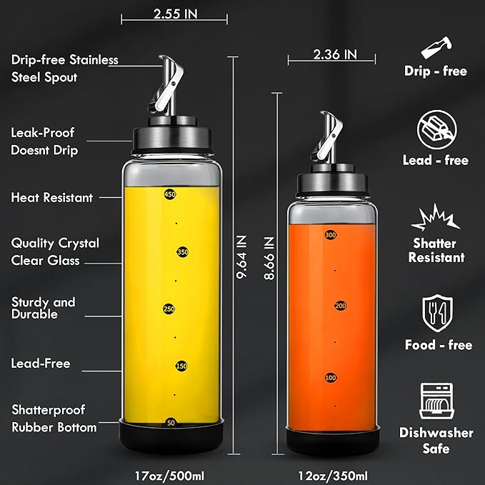 Glass Olive Oil Dispenser Bottle for Kitchen Shatterproof & Leakproof Oil and Vinegar Dispenser Set with Stainless Steel Spout & Rubber Bottom 17 oz Olive Oil Bottle for Cooking, Set of 2