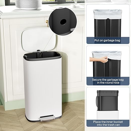 Arlopu13.2 Gallon Step Trash Can, Stainless Steel Garbage Bin, Soft-Close Rubbish Bin with Removable Plastic Inner Bucket, Fingerprint-Proof, Lid Dustbin, Suit for Kitchen Home (White, 50L)