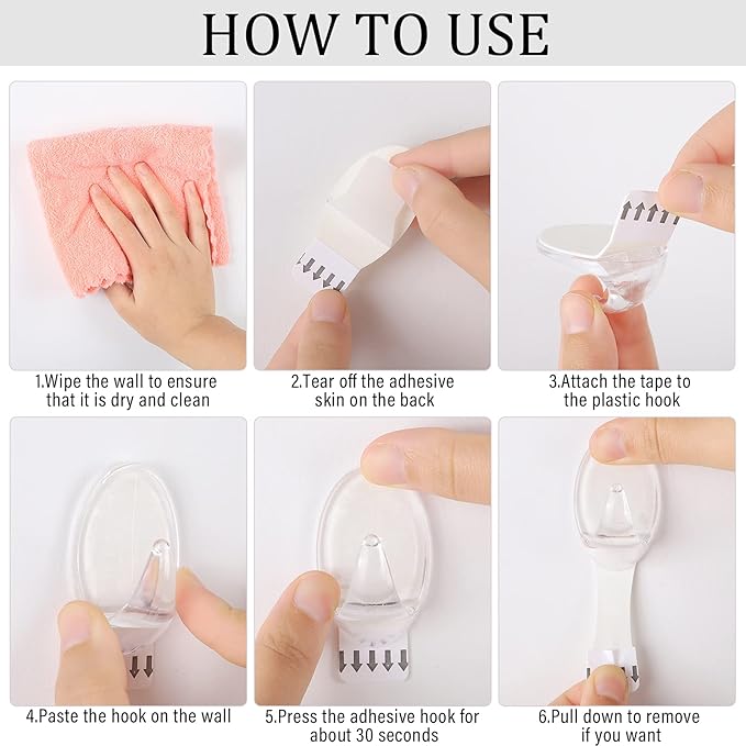 Blulu 12 Pcs Clear Adhesive Hooks for Hanging Wall Hooks Heavy Duty 22 lb Max No Damage Waterproof Transparent Hook with 15 Pcs Self-Adhesive Tapes for Home Bathroom Kitchen Office Wall