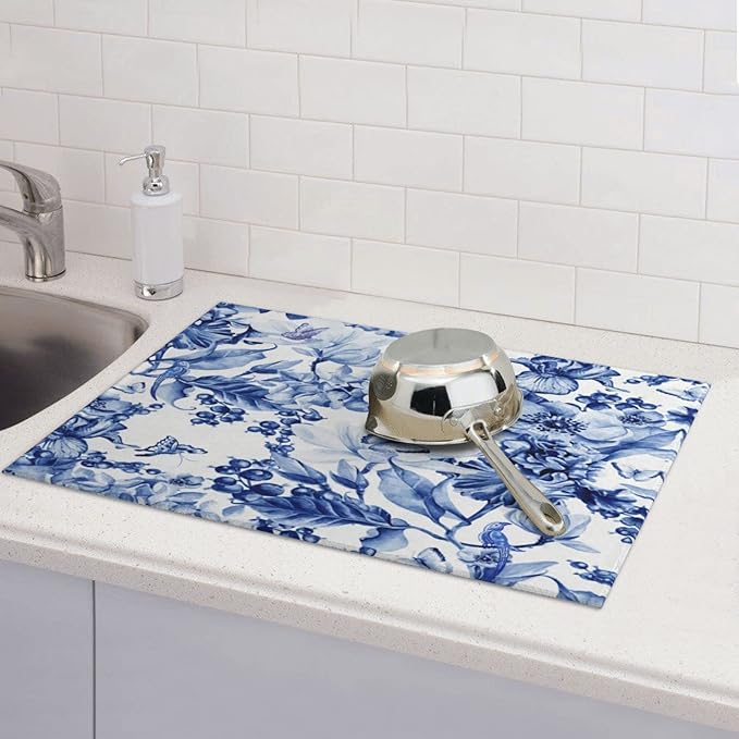 Chinoiserie Blue And White Floral Butterfly Dish Drying Mats For Kitchen Counter Microfiber Absorbent dish Mat Xl Reversible Drying Mats For Countertop 18 Inch X 24 Inch
