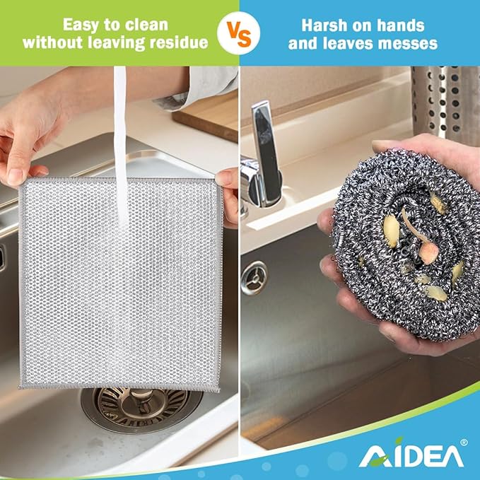 AIDEA Non Scratch Wire Dishcloth 12PK, Wire Dishwashing Rag for Wet and Dry, Washable Dish Rags No Odor, Cleaning Pads Steel Scrubber for Cookware, Sinks, Dishes, Stove Tops, 7"×8"