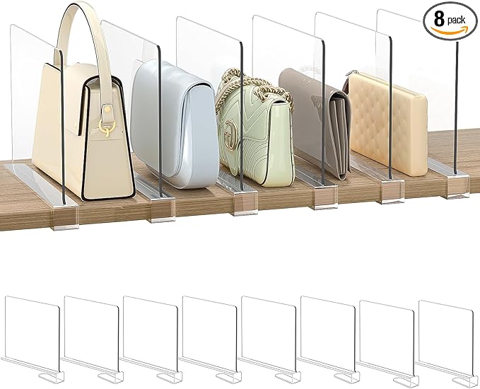 Shelf Dividers Purse Organizer for Closet: 8-Pack Acrylic Bag Storage Organizer for Handbags, Clutches, Clothes, Sweater, Towel on Wood Shelves