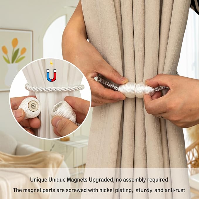 Magnetic Curtain Tiebacks Rope Curtain Tie Backs for Curtains 4 Pack Curtain Holders for Drapes Decorative Window Curtain Holdbacks, White