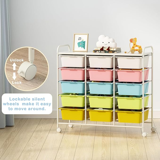 15 Drawers Rolling Cart With Wheels, Plastic Storage Drawer With Metal Frame, Multipurpose Art Craft Organizer, Utility Cart for Home, Office, School, Multicolor