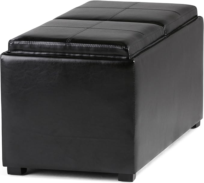 SIMPLIHOME Avalon 35 inch Wide Contemporary Rectangle 5 Pc Storage Ottoman in Midnight Black Vegan Faux Leather, Assembled, for the Living Room, Entryway and Family Room