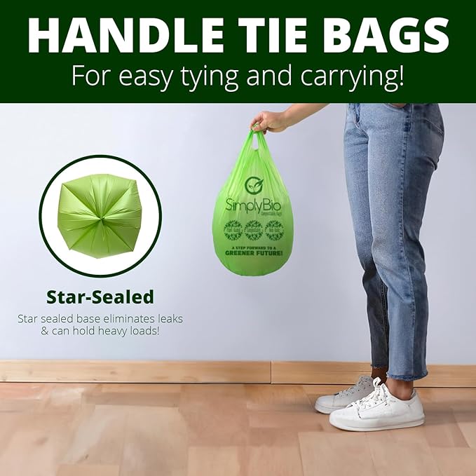 Simply Bio 3 Gallon Compostable Trash Bags Liners with Handle-Tie, Thick 0.67 Mil, 11.36 Liter, 80 Bags, Small Kitchen Food Scrap Waste Bag, ASTM D6400, US BPI and OK Compost Home Certified