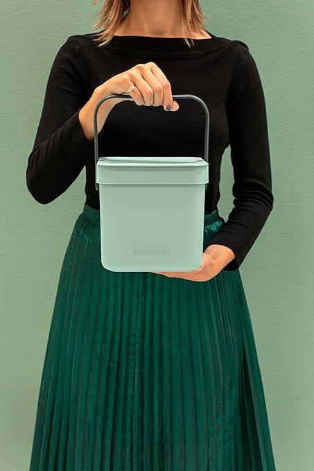 Brabantia Sort & Go Food Trash Can (1.6 Gal/Jade Green) Small Countertop Kitchen Compost Caddy with Handle & Removable Lid, Easy Clean, Fixtures Included for Wall/Cupboard Mounting