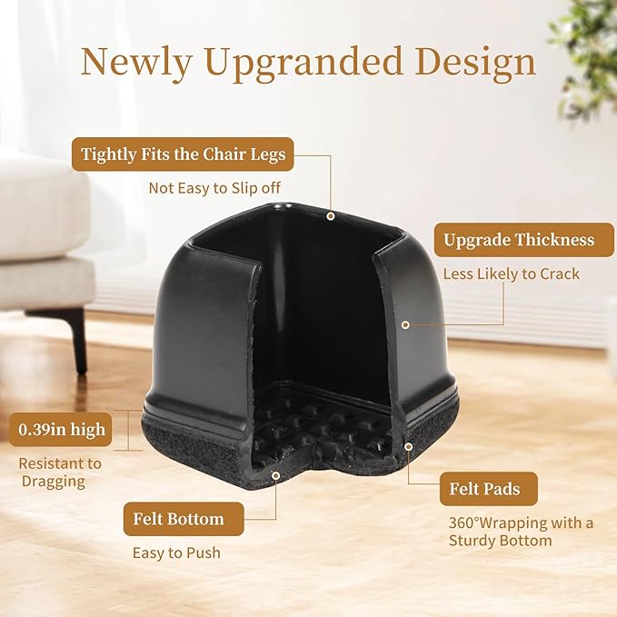 Square Chair Leg Floor Protectors Large 24Pcs,Silicone Chair Leg Protectors for Hardwood Floors/Tiles,Black 360°Wrapped Felt Bottom to Prevent Scratch and Reduce Noise