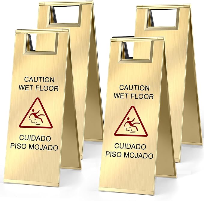 LEIFIDE 4 Pcs Stainless Steel Wet Floor Caution Sign Bulk 8.8 Pound Portable Foldable Handle Bilingual Safety Sign for Kitchen Restaurant Shop Commercial Use Avoid Fall and Slip Accident (Gold)
