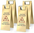 LEIFIDE 4 Pcs Stainless Steel Wet Floor Caution Sign Bulk 8.8 Pound Portable Foldable Handle Bilingual Safety Sign for Kitchen Restaurant Shop Commercial Use Avoid Fall and Slip Accident (Gold)