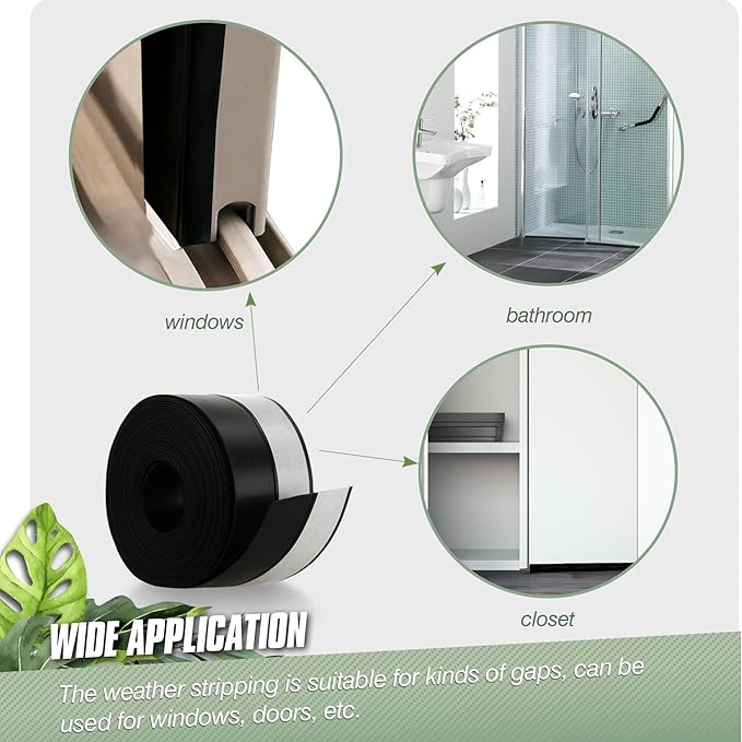 Silicone Weather Stripping Door Seal Strip, 16.4 Feet Self Adhesive Sealing Sticker Sealing Tape for Door Draft Stopper Adhesive for Doors Windows Shower Glass Gaps (Black, Width 45mm)