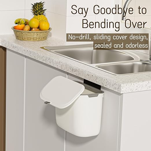 1.9 Gallon Kitchen Compost Bin Hanging Small Trash Can with Lid Under Sink Dual Installation & Triple-Seal Technology, Odorless Kitchen/Bathroom/Office Trash Can for Home, RV