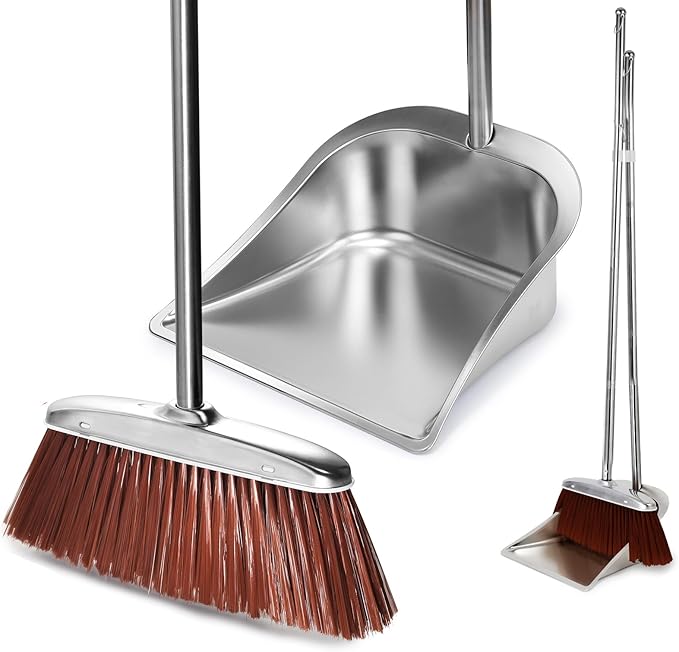Broom and Dustpan Set for Home, 56" Kitchen Broom with Dustpan Combo Set, Heavy Duty Dustpans with Long Handle, Upright Metal Dust Pan Brooms for Sweeping Indoor Outdoor Home Office Lobby Floor