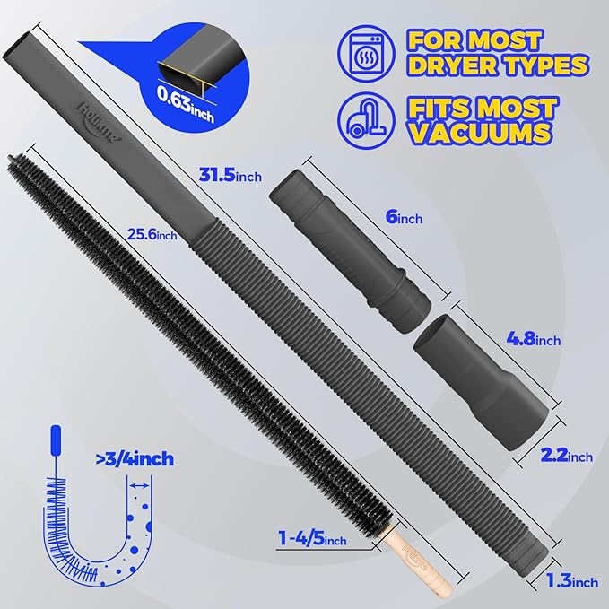 Holikme 2 Pieces Dryer Vent Cleaner Kit, Dryer Lint Vacuum Attachment and Flexible Dryer Lint Brush, Dryer Vent Vacuum Hose Attachment,Black