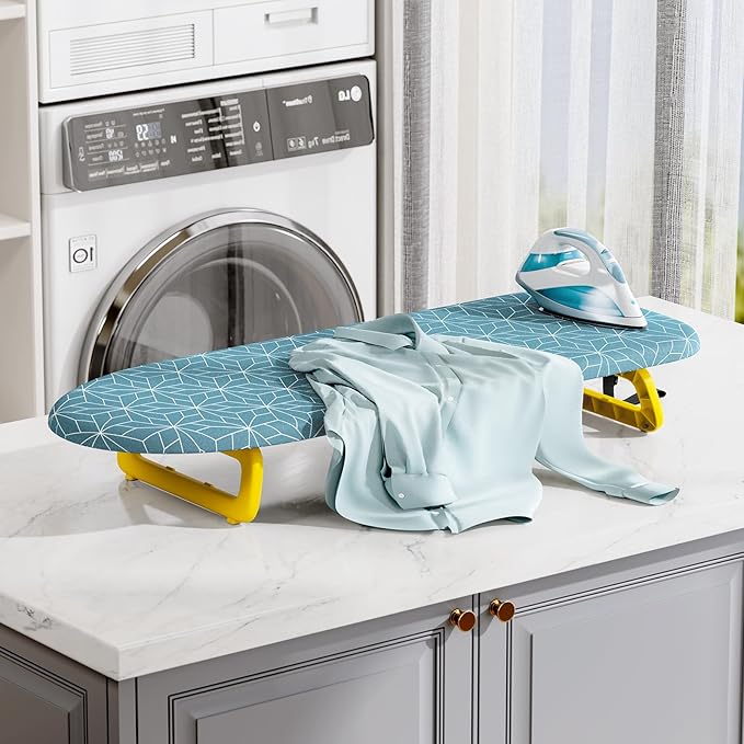 Small Ironing Board Tabletop, Foldable mini Ironing Board, Table top Ironing Boards Small, Compact Portable Ironing Boards with Iron Holder & Hanging Rope, Iron Table Stand 32x12, Light Blue