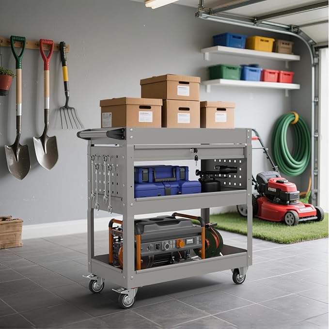 3 Tier Rolling Tool Cart with Drawers, 450 LBS Capacity Tool Cart on Wheels, Heavy Duty Rolling Utility Cart with Drawers, Rolling Utility Carts for Garage, Warehouse and Repair Shop,Gray