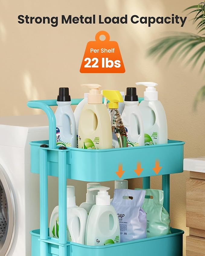 Pipishell 3 Tier Mesh Utility Cart, Rolling Metal Organization Cart with Handle and Lockable Wheels, Multifunctional Storage Shelves for Kitchen Living Room Office Turquoise