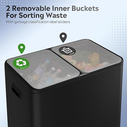 WLIVE Dual Trash Can, 2 x 8 Gallon (2 x 30 L), Step Trash Can with Lid with Inner Buckets, 2 Compartment, Heavy-Duty Stainless Steel Gabage Can for Kitchen with 15 Trash Bags, Black