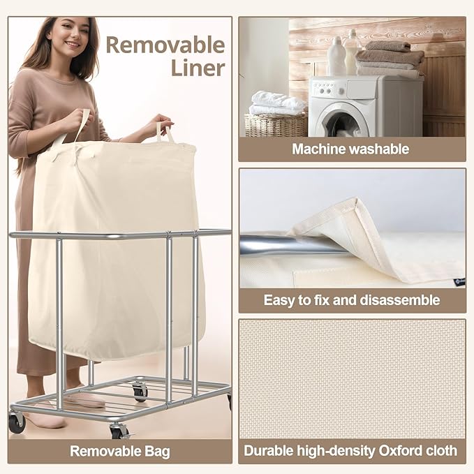 230L Rolling Laundry Hamper, 2-Section Laundry Basket with Wheels, 61 Gallons Laundry Sorter with Metal Structure and Removable Liner, Clothes Hamper for Laundry Room, Bathroom, Bedroom, Beige