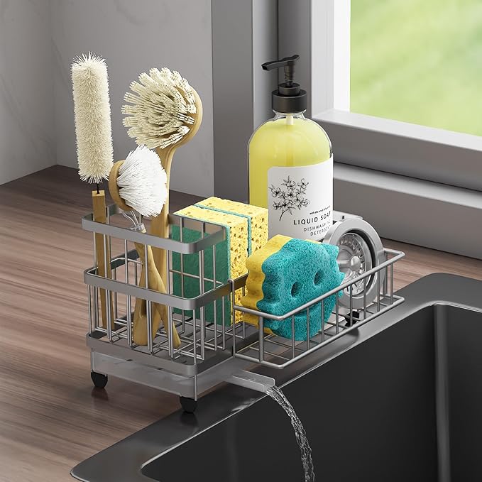 Consuemst Sponge Holder for Kitchen Sink - Auto Draining Sink Caddy Organizer with Detachable Rack, High Brush Holder, Kitchen Countertop Storage Accessories, Silver