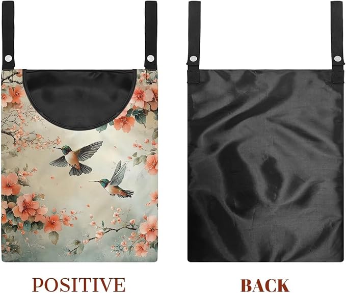 2 Pcs Hummingbird and Flowers Clothes Pin Bag, Small Hanging Laundry Bag with Hanging Rope Clothespin Bag for Clothes Line Clip Easy Access Clothes Pin Holder for Home Outdoor