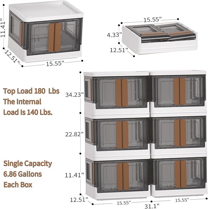 HAIXIN Folding Storage Bins with Left Doors and Right Doors Opening, 6.86 Gal Bookcase, Stackable Storage Cabinet, Plastic Shelves Organizer, Space-Saver Pantry Storage, Room Organization, 6 Pack