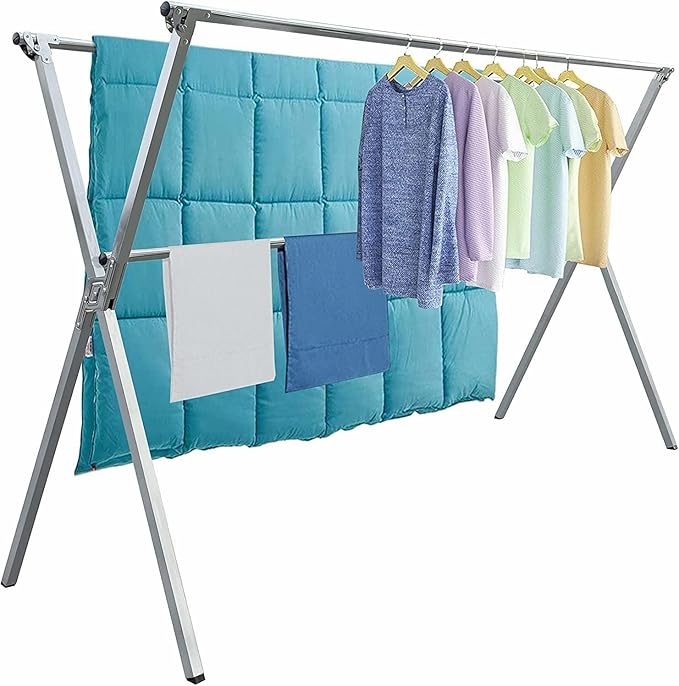 Clothes Drying Racks 81.5-83 Inches Folding Outdoor Indoor Drying Rack Clothing Collapsible Foldable Laundry Drying Rack Heavy Duty Stainless Steel Clothesline 20 Hooks 12 Clips (83'')
