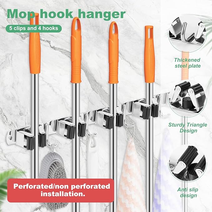 5Pcs 5 Racks 4 Hooks Stainless Steel Broom Mop Holder Anti Slip Wall Mount Broom Storage Rack Strong Load Bearing Waterproof Mop Broom Organizer for Bathroom Kitchen Garage