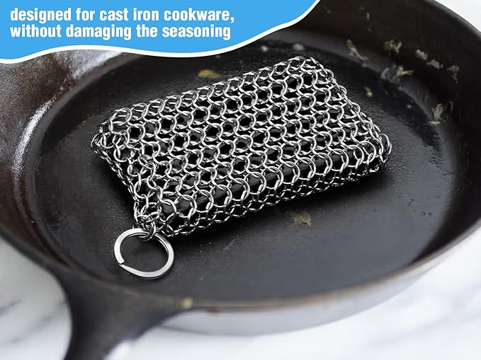 Herda Chain Mail Cast Iron Cleaner Scrubber,316 Chainmail Pan Scrubber Metal Cleaning Brush, Pad, Sponge Scraper to Clean Skillet,Dutch Oven, Wok,Grill Griddle,Chain Link Scrub Brush Pot Care Kit