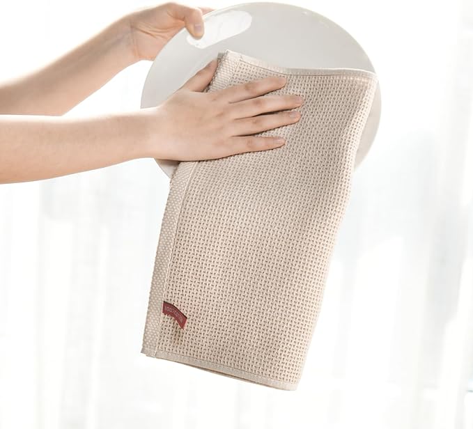 Artoid Mode 100% Cotton Beige Waffle Weave Kitchen Dish Cloths, 12x12 Inch Ultra Soft Absorbent Quick Drying Kitchen Dish Towels Set of 6