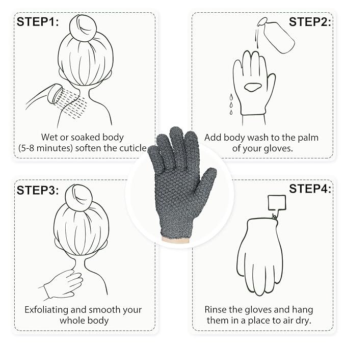 Evridwear Exfoliating Dual Texture Bath Gloves for Shower, Spa, Massage and Body Scrubs, Dead Skin Cell Remover, Gloves with Hanging Loop (1 Pair Gray Heavy Glove)