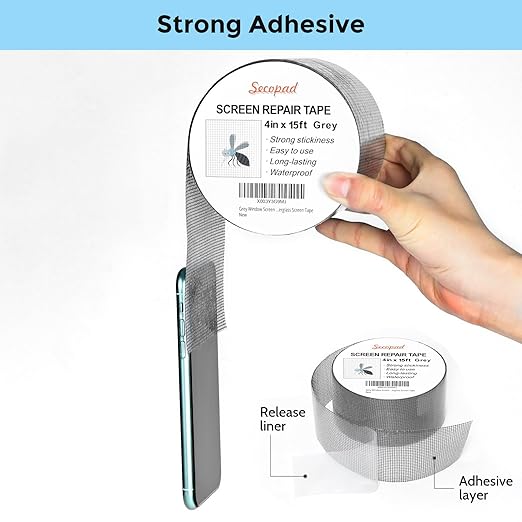 Grey Window Screen Repair Tape, 4 in X 15 FT (180IN) Screen Repair Kit for Windows or Doors, Strong Adhesive Fiberglass Mesh Patch Tape
