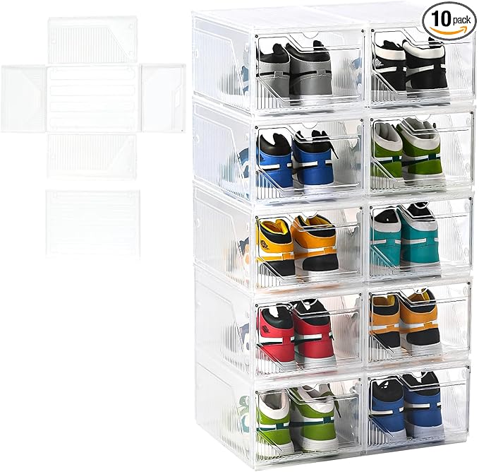 Modular XX-Large Shoe Organizer,Shoe Storage Organizer,10 Pack Shoe Box Clear Plastic Stackable,Drop Front Shoe Box with magnetic Door, Containers For Sneaker,Fit up to US Size 15