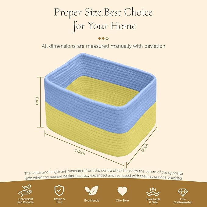 Hopegiver Woven Storage Baskets 11x8x7 Inch, 3 Pack Collapsible Cube Storage Bin for Shelves - Foldable Cotton Rope Organizer Bins for Towels, Toys, Books, Closet, Nursery (Blue Yellow)