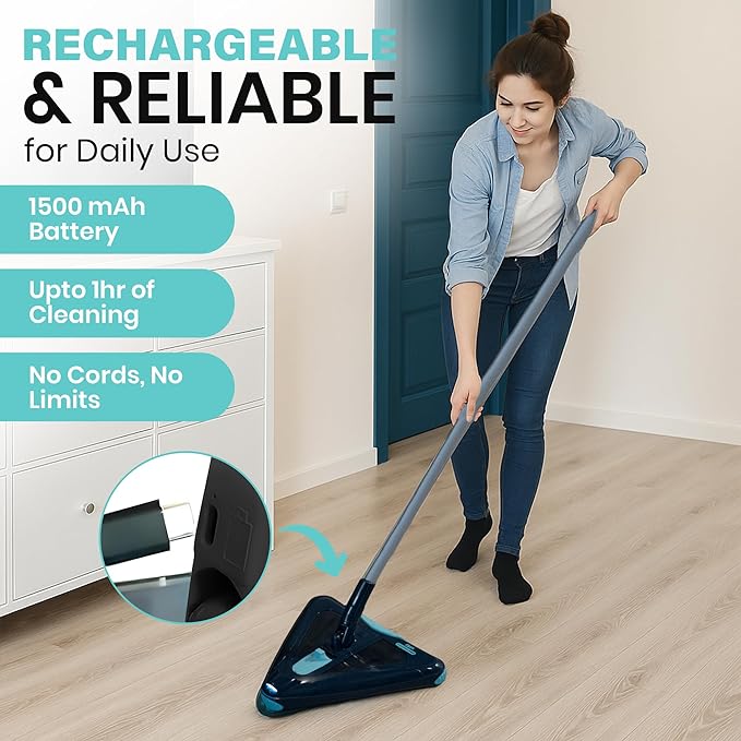 Zippi Sweeper Max - 2025 Version Lightweight Sweeper, Triangular Design Allows for Sweeping in Corners, Perfect for Short Carpet Hardwood and Tile, LED Light, 1 Hr Cleaning Time