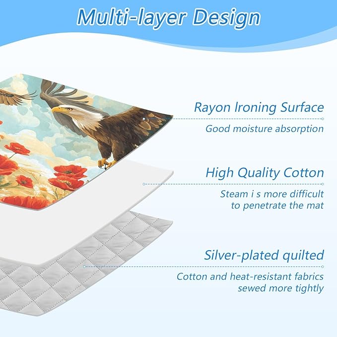 Vivid Poppy Wildflowers and Eagles Ironing Mat Thickened Ironing Blanket Travel Portable Double-Side Using Ironing Pad Travel Isolate Heat Pad Cover for Washer Dryer Table Top Countertop 27.6x4