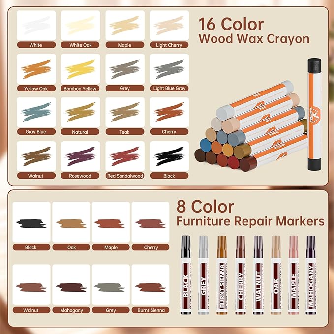 A-HEYIDA Wood Filler Sticks -16 Colors Wax Crayons for Furniture Scratch & 8 Colors Wood Touch-up Markers for Repair Any Scratches, Scuffs, Cracks and Nail Holes on Furniture,Floors,Doors,Cabinets