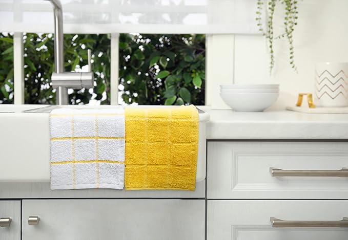 100% Cotton Terry Dish Cloth & Dish Towel, 6 Pack, Super Soft and Absorbent Kitchen Towels, Perfect for Kitchen Cleaning and Dish Washing (Yellow (Solid and Checks) 8 Pack)