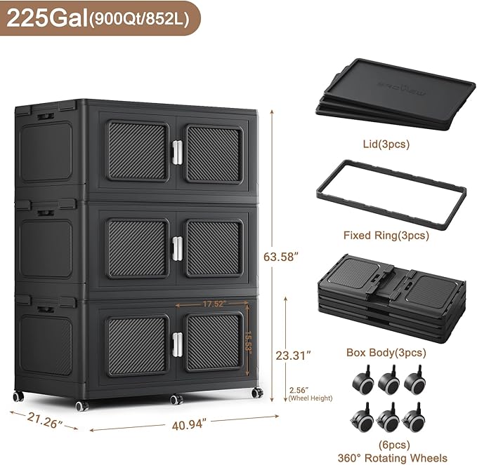 BROVIEW 900 Qt Stackable Storage Bin with Lid, 225Gal Extra Large Collapsible Storage Boxes, Folding Plastic Drawer, Heavy-Duty Store Cabinet, Closet Organizer for Home Kitchen, 3 Pack Black