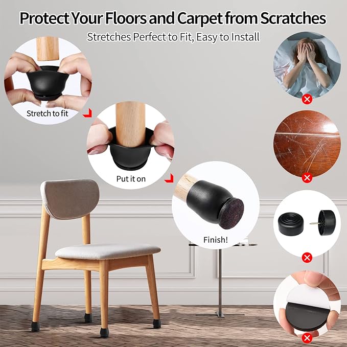 Ezprotekt 24 Pcs Round Silicone Chair Leg Floor Protectors for Wood Floors, Felt Furniture Pads Caps, Bar Stool Leg Floor Protectors Covers for Dining Table Chair (L Fit 1.1"-1.3", Black)