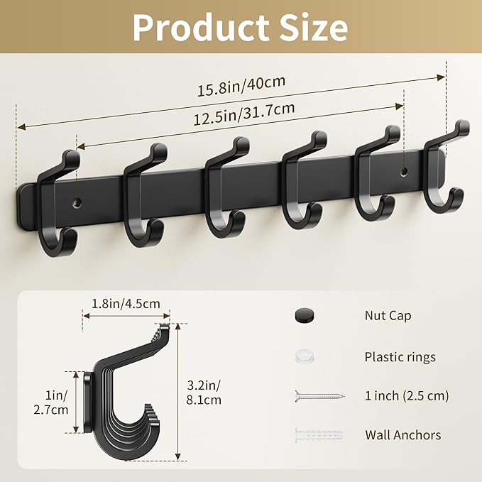 Coat Rack Wall Mounted Heavy-Duty: Metal Coat Hanger 6 Hooks for Hanging Hat, Clothes, Robe, Keys, Backpack, Bathroom Towels, Jacket, Purse - Closet, Door, Entryway, Mudroom (Black, 1 Pack)