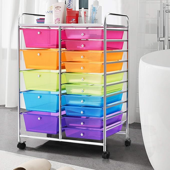 GOFLAME 15-Drawer Rolling Storage Cart, Multipurpose Movable Organizer Cart, Utility Cart for Home, Office, School, Rainbow