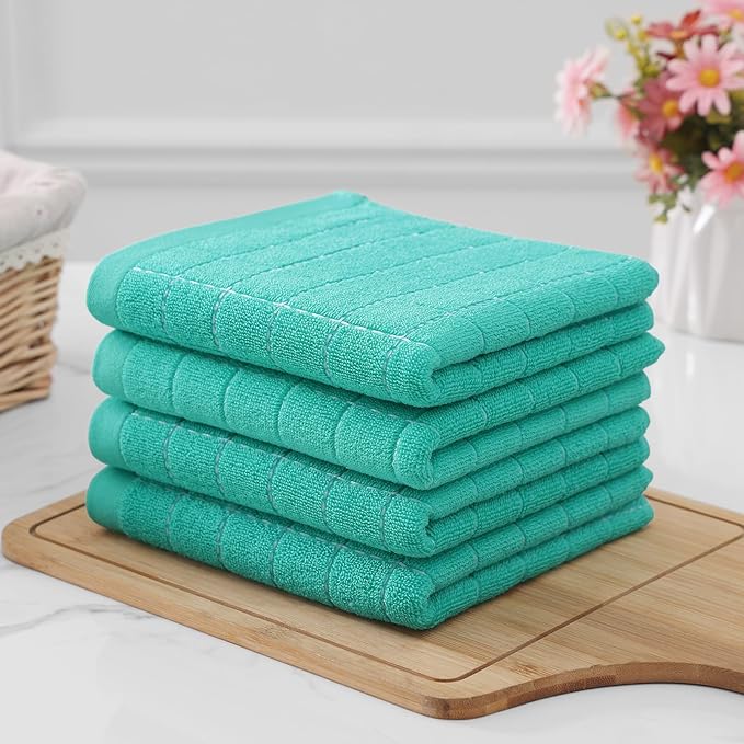 Homaxy 100% Cotton Terry Kitchen Towels(Turquoise, 13 x 28 inches), Checkered Designed, Soft and Super Absorbent Dish Towels, 6 Pack