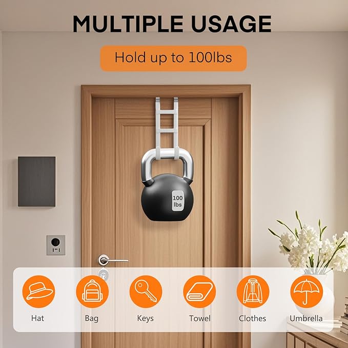 FYY Over The Door Hooks - 4 Pack Heavy Duty Dual-Hook Organizer Hanger with Non-Slip Rubber for Towels, Clothes, Hats & Bags Use in Bathroom, Bedroom, Kitchen - Fits Interior Doors Up to 1.6" White