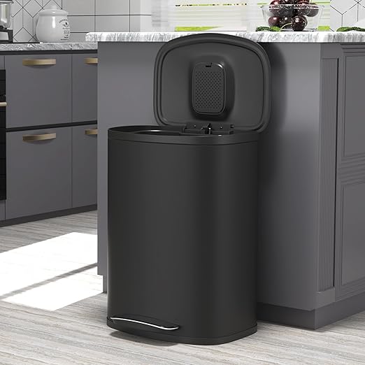 13 Gallon Stainless Steel Foot Pedal Large Trash Can with Soft Close Quiet Curved Surface Top Lid and Deodorant Storage Space, with 30 Garbage Bags for Kitchen/Home/Office Trash can and More - Black