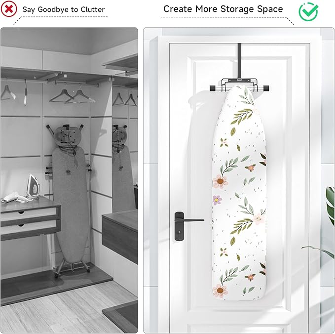 Over The Door & Wall Mount Ironing Board Hanger with Removable Hook, Metal Ironing Board Holder Organizer Wall Rack for Y & T Shaped (Black)