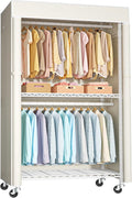 FUTASSI White Clothing Rack with Beige Cover, P1C Rolling Closets with Wheels, Metal Garment Rack for Hanging Clothes, Clothing Storage Wardrobe, 36.2" W x 16.5" D x 80.5" H, Load 450 Pounds