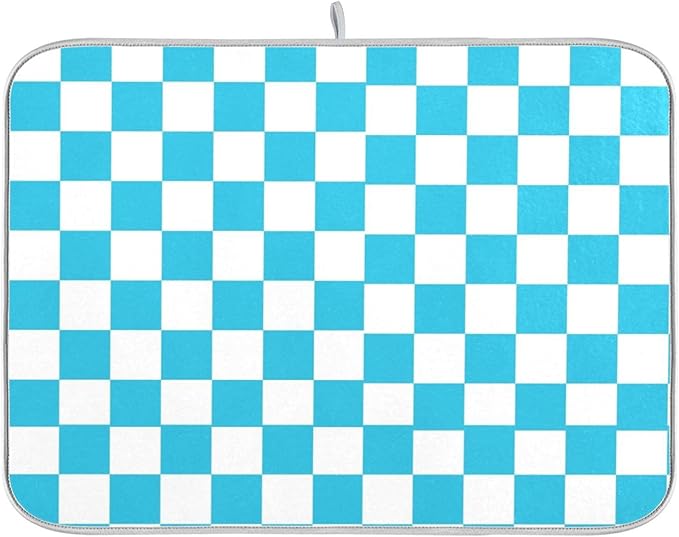 Turquoise Chessboard Dish Drying Mat for Kitchen Countertop 18x24 Teal Plaid Checkered Rectangle Large Drying Mat Reusable Quick Dry Dish Sink Absorbent Mats Easy Clean Decorative Home Essentials