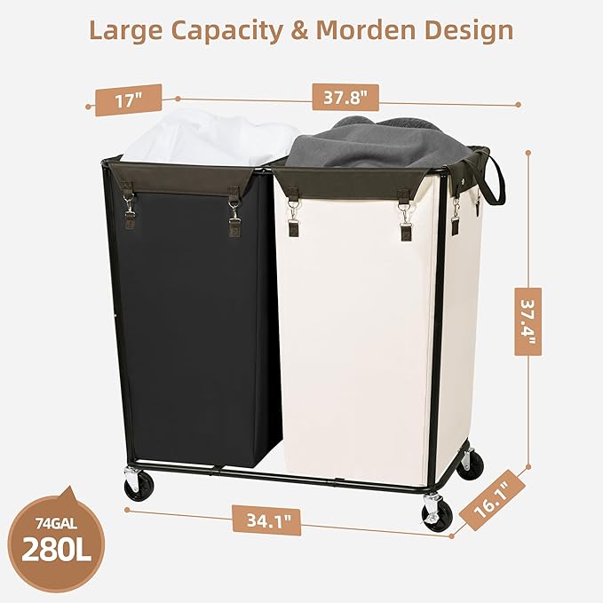 STORAGE MANIAC Commercial Laundry Hamper with Heavy Duty Steel Frame, 74 Gal. Industrial Laundry Basket Cart with Wheels for Hotel, Home, Laundry Room, Big Large Clothes Sorter, 2 Section Beige/Black