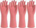 Rubber Cleaning Gloves for Dishwashing, 4 Pairs Reusable Kitchen Gloves for Washing Dishes and Household Cleaning, Pink Dish Gloves with Flocked Lining and Non-Slip Grip, Pefect for Woman Men - M
